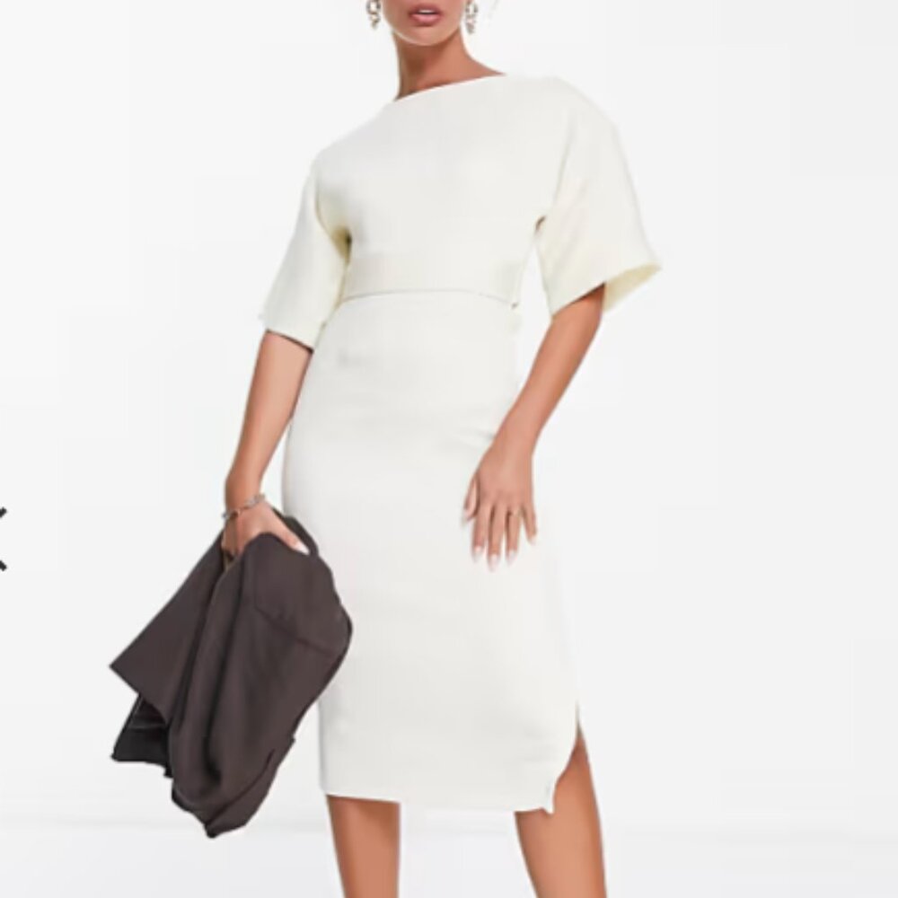 ASOS Closet London ribbed pencil dress with tie belt in stone